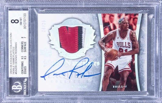 2005-06 UD "Exquisite Collection" Noble Nameplates #NNDR Dennis Rodman Signed Game Used Patch Card (#24/25) - BGS NM-MT 8/BGS 10